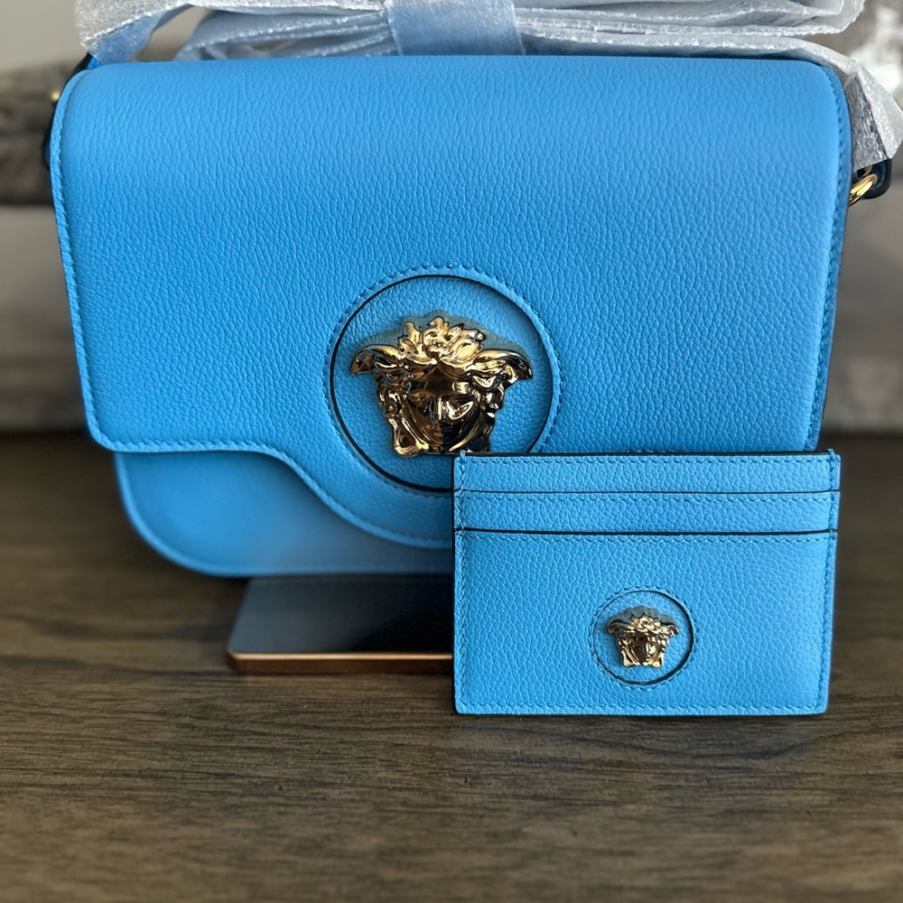 Versace Blue Leather Shoulder Bag and Card Holder Set - NWT